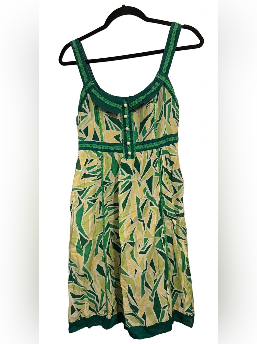 Lulumari- Green and Yellow Geometric Print Sundress- S